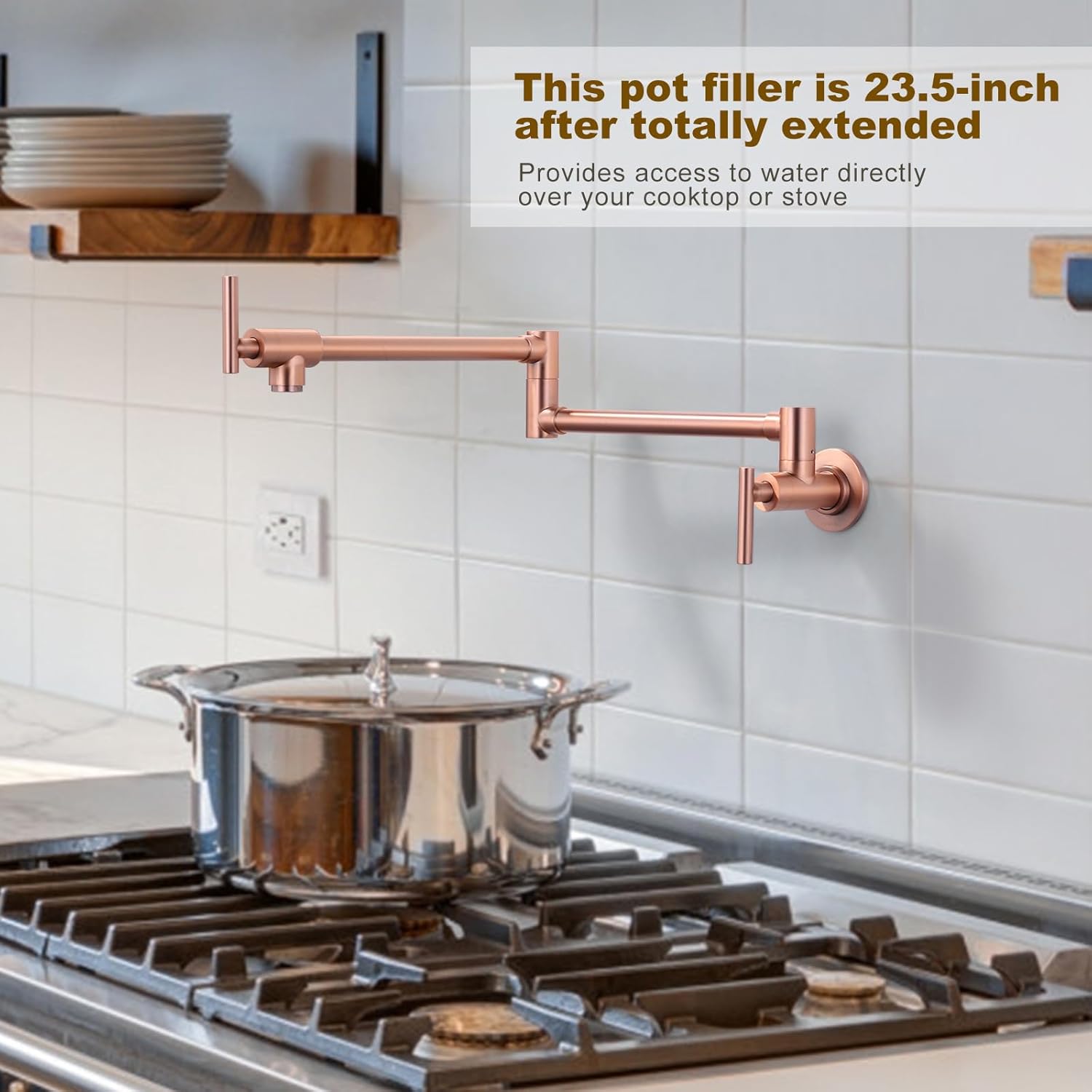 WOWOW Pot Filler Faucet Copper, Brass Pot Filler Wall Mount Kitchen Stove Faucet with Double Joint Swing Arms