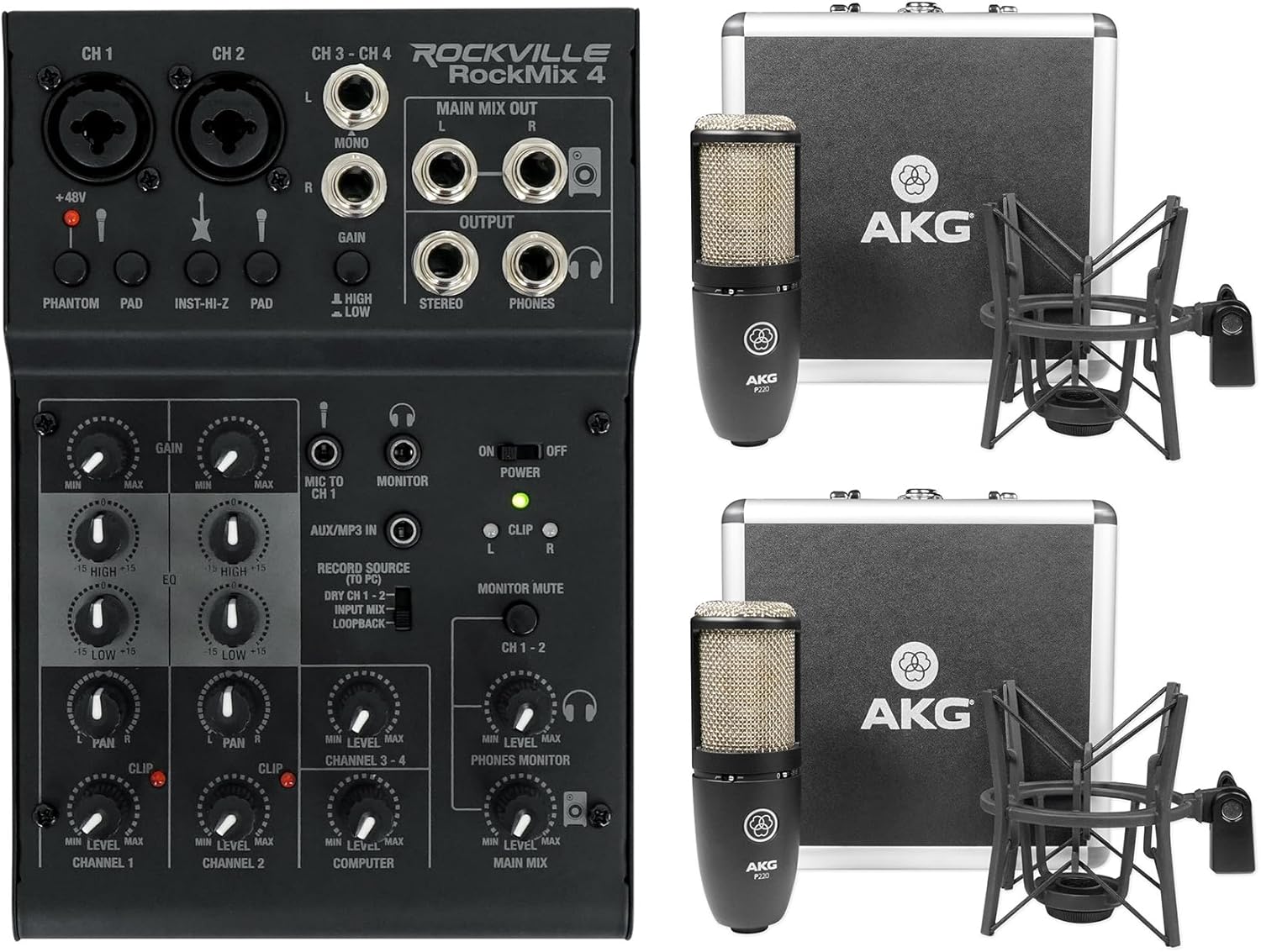 Audiosavings Bundle: (2) P220 Studio Condenser Microphone Recording Mic+Shockmount+Carry Case Bundle with Rockville RockMix 4 Channel Mic/Instrument Pro Recording Mixer+USB Interface/EQ (3 Items)