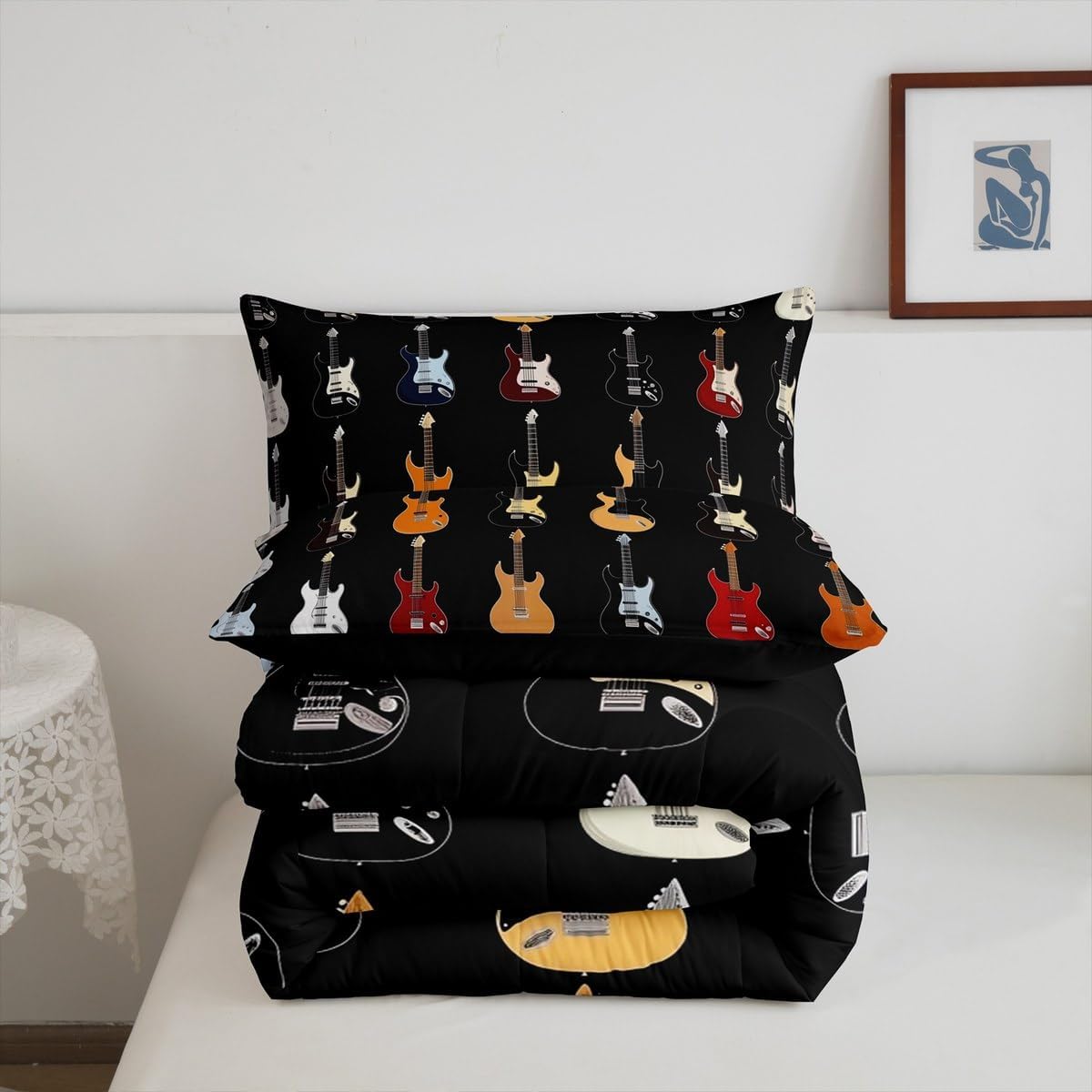 Manfei Colorful Guitar Comforter Set King Size,Musical Instruments Artistic Guitars Bedding Set 3 Pcs for Adults,Rock Bass Music Lovers Comforter,Black Duvet Insert,2 Pillowcases