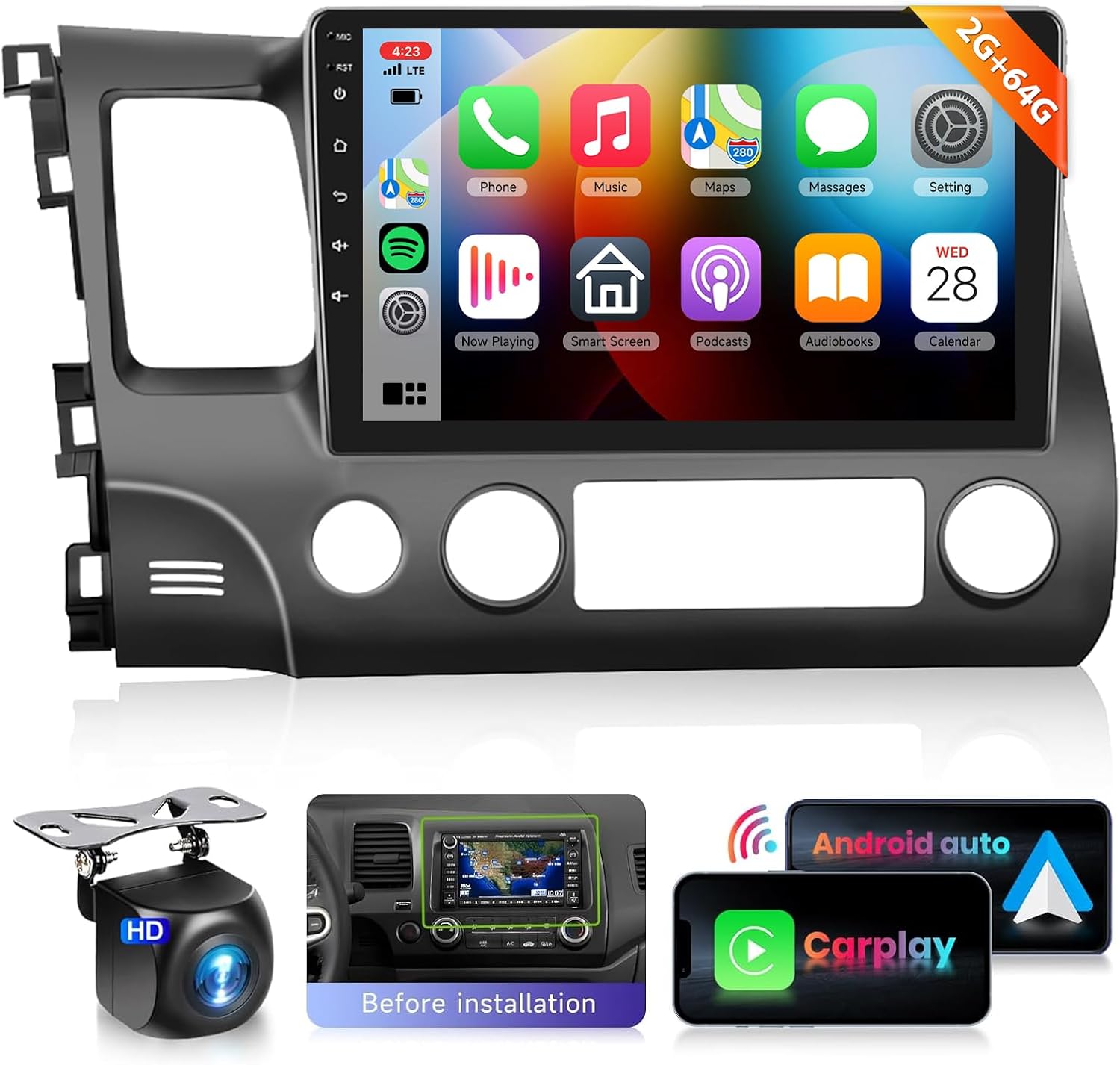 2G 64G Car Stereo for Honda Civic 2006-2011 Radio (for GPS Screen) Wireless CarPlay Android Auto MirrorLink,10.1inch 1080P HD IPS Touch Screen Bluetooth GPS 16EQ 28UIs WiFi Backup Camera Mic