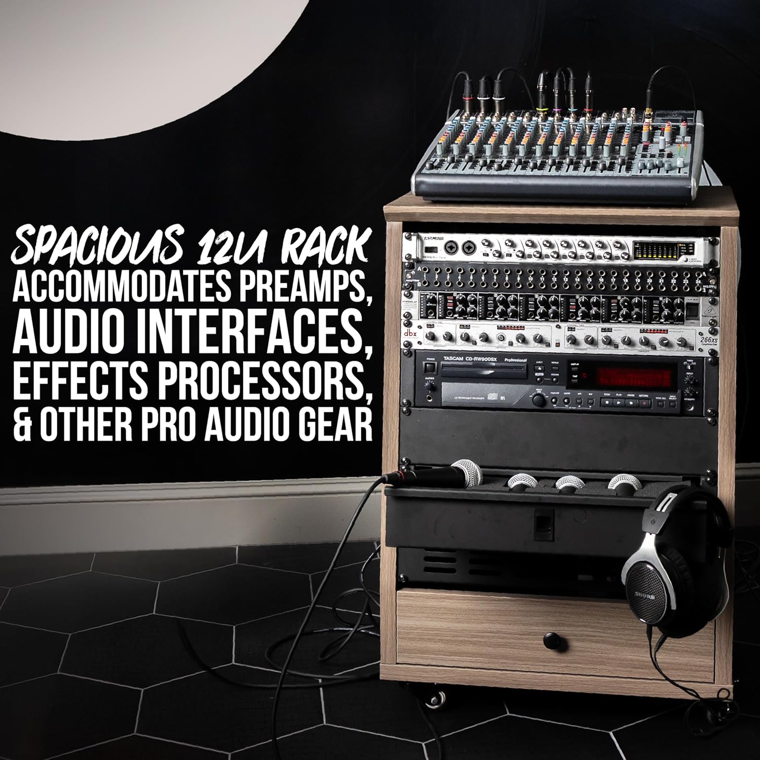 Gator Frameworks Elite Furniture Series 12U Angled Studio Rack with Locking Casters, Driftwood Grey Finish (GFW-ELITESTUDIORK12-GRY)