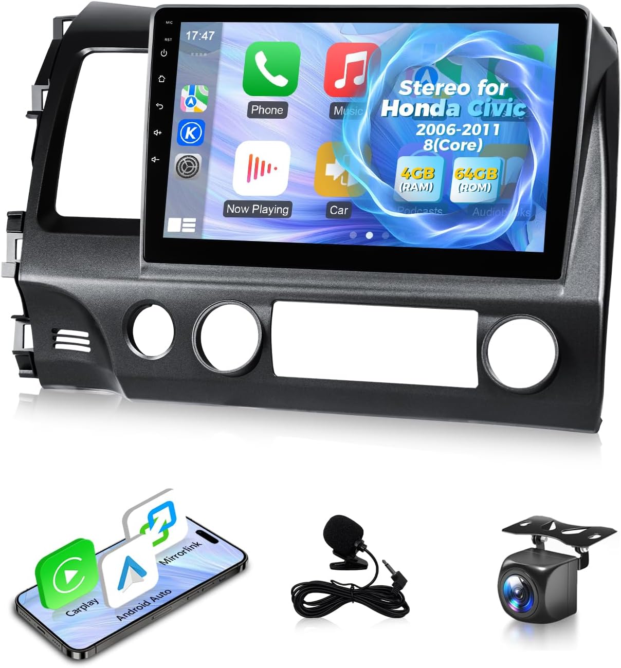 8 Core 4+64G Car Stereo for Honda Civic 2006 2007 2008 2009 2010 2011 Radio Apple Carplay Android Auto,10.1