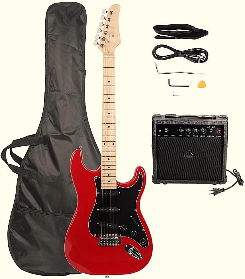 Red Electric Guitar Starter Package with Amp, Gig Bag, Strap, Cable, Pick, Whammy Bar, Full Size 39