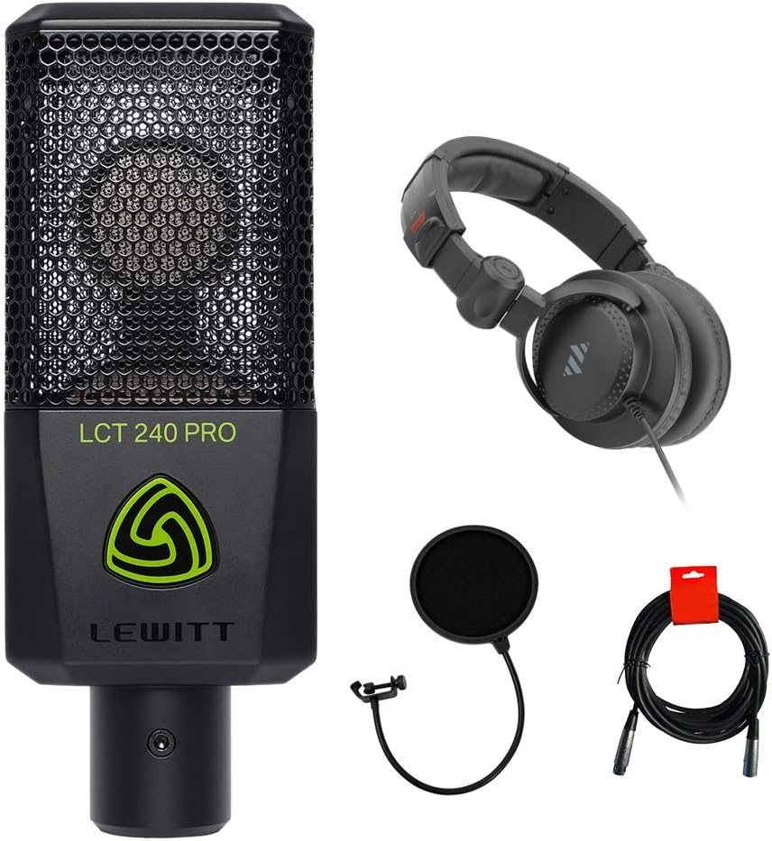 Lewitt LCT-240 Pro Condenser Microphone (Black) Bundle with Studio Monitor Headphone, Pop Filter & XLR Cable
