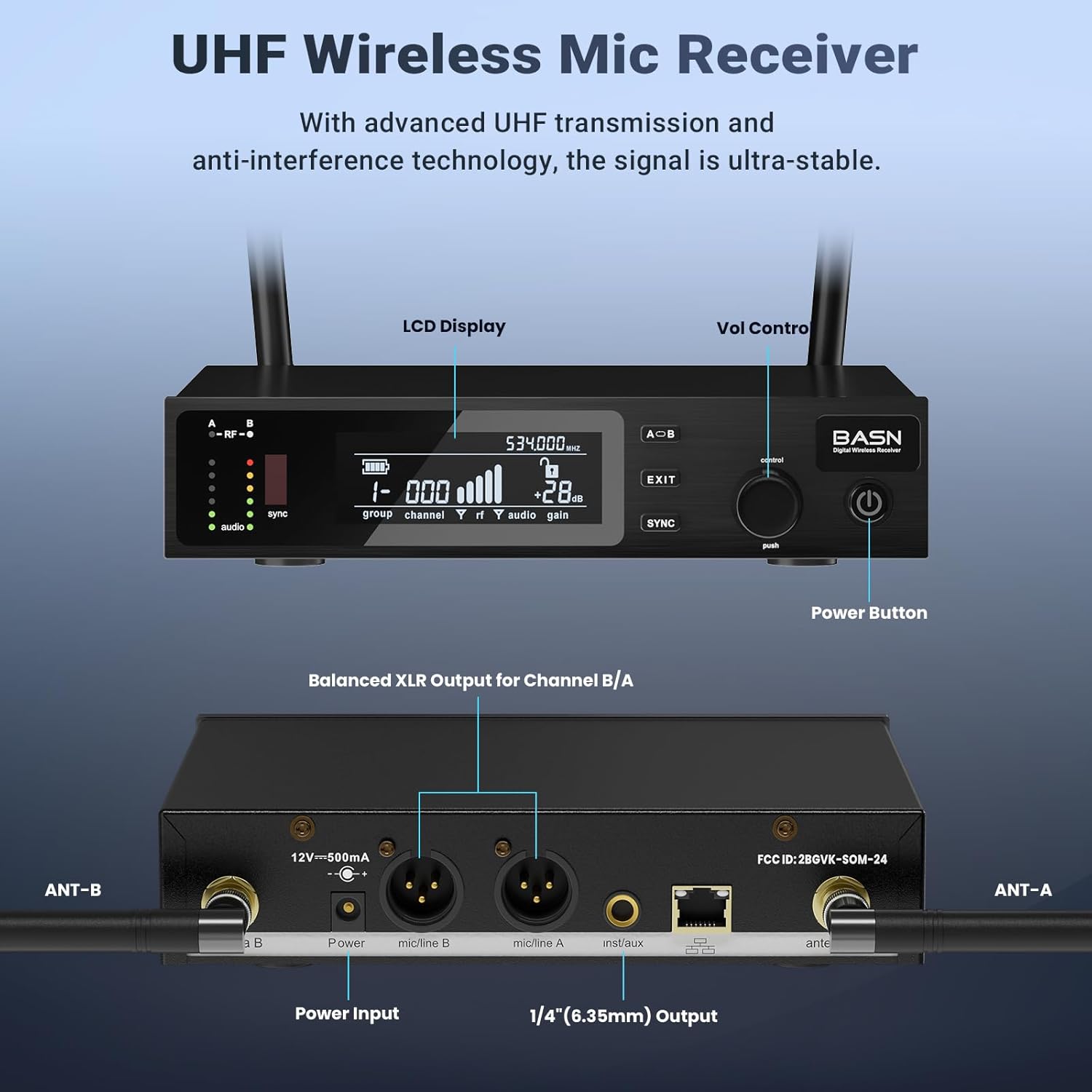 BASN Wireless Two Microphone System with UHF Dual-Channel Receiver, Metal Handheld Dynamic Mics Kit for for Karaoke Singing, Wedding, Party, Church, Speech (White/Black)