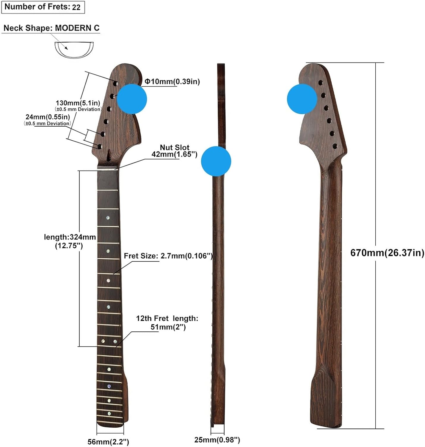 22 Fret ST Wenge Electric Guitar Neck Big Head for ST Style Guitar DIY Parts Replacement