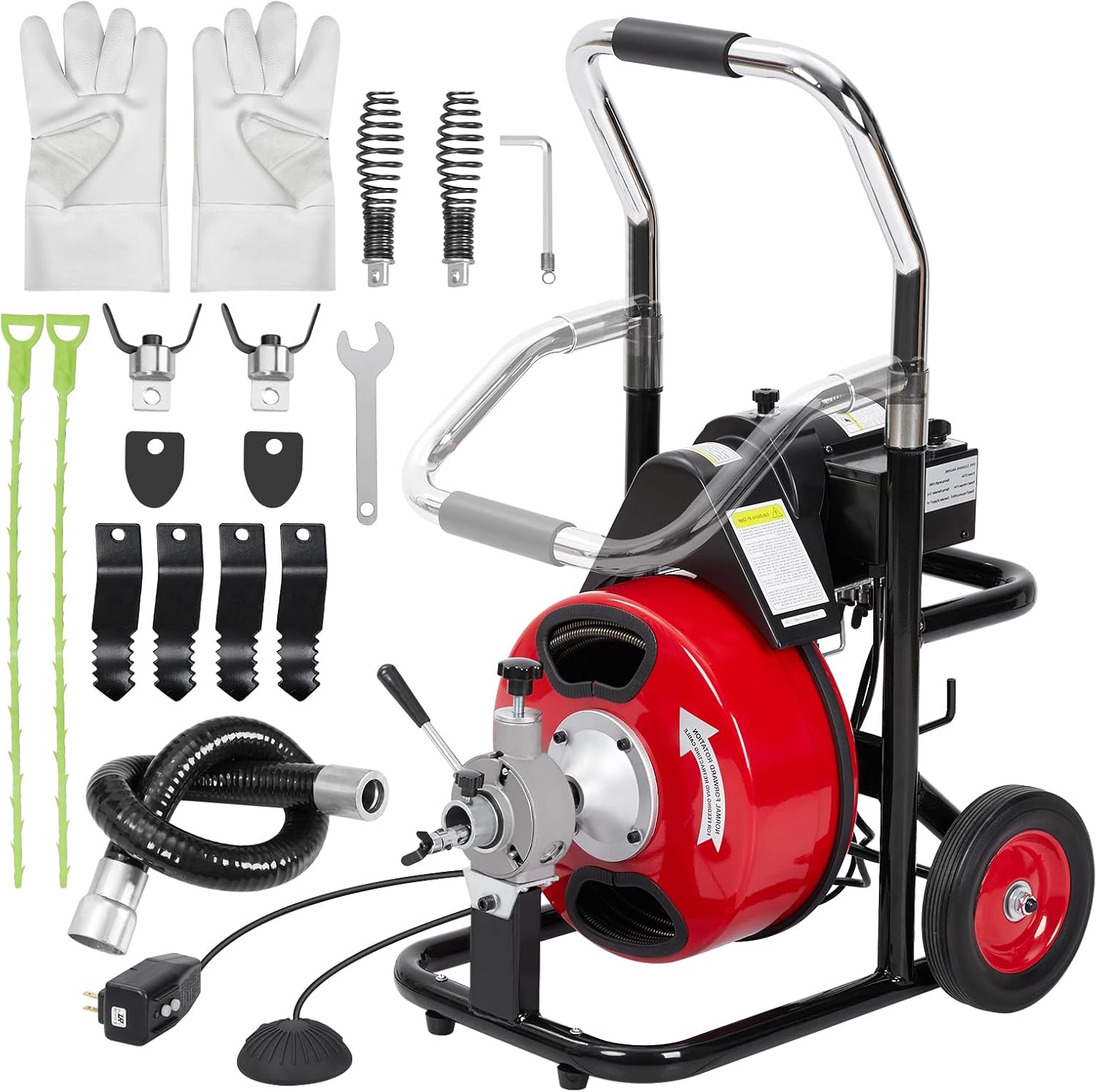 Efficient Drain Cleaning Electric Drain Auger for Fast Sewer Machine 75FT x 1/2Inch Reach, Air-Activated Foot Switch, Drain Machine 4 Cutter Blades, and Protective Gloves.