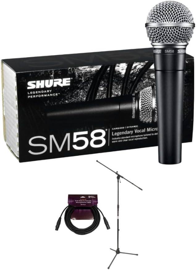 Shure Cardioid Dynamic Vocal Microphone Bundle with Stand and Cable (3 Items)