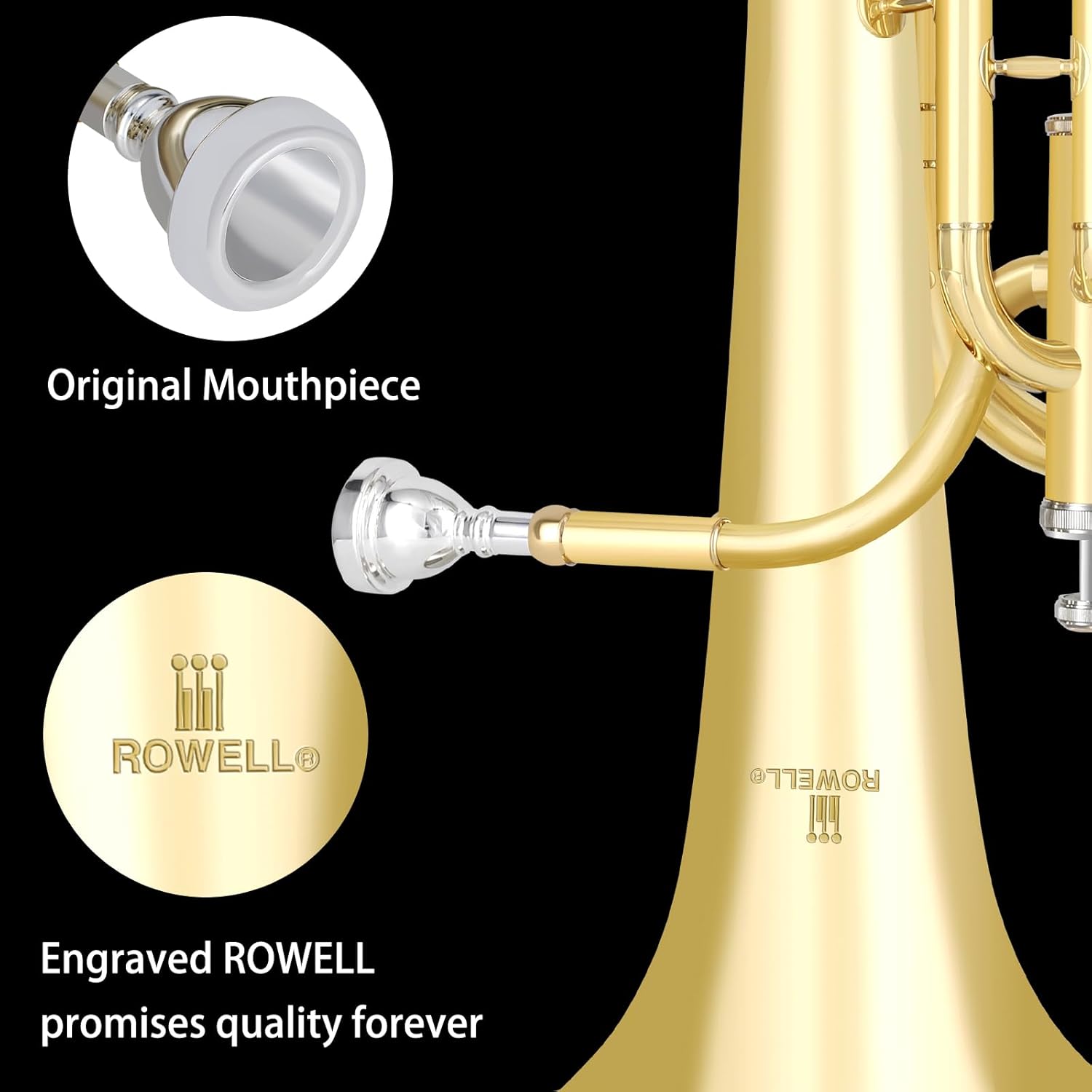 ROWELL Professional Bb Baritone Horn - 3 Valves Brass Baritone with Stainless Steel Valves Premium Case Set with Mouthpiece, Strap, Care Kit