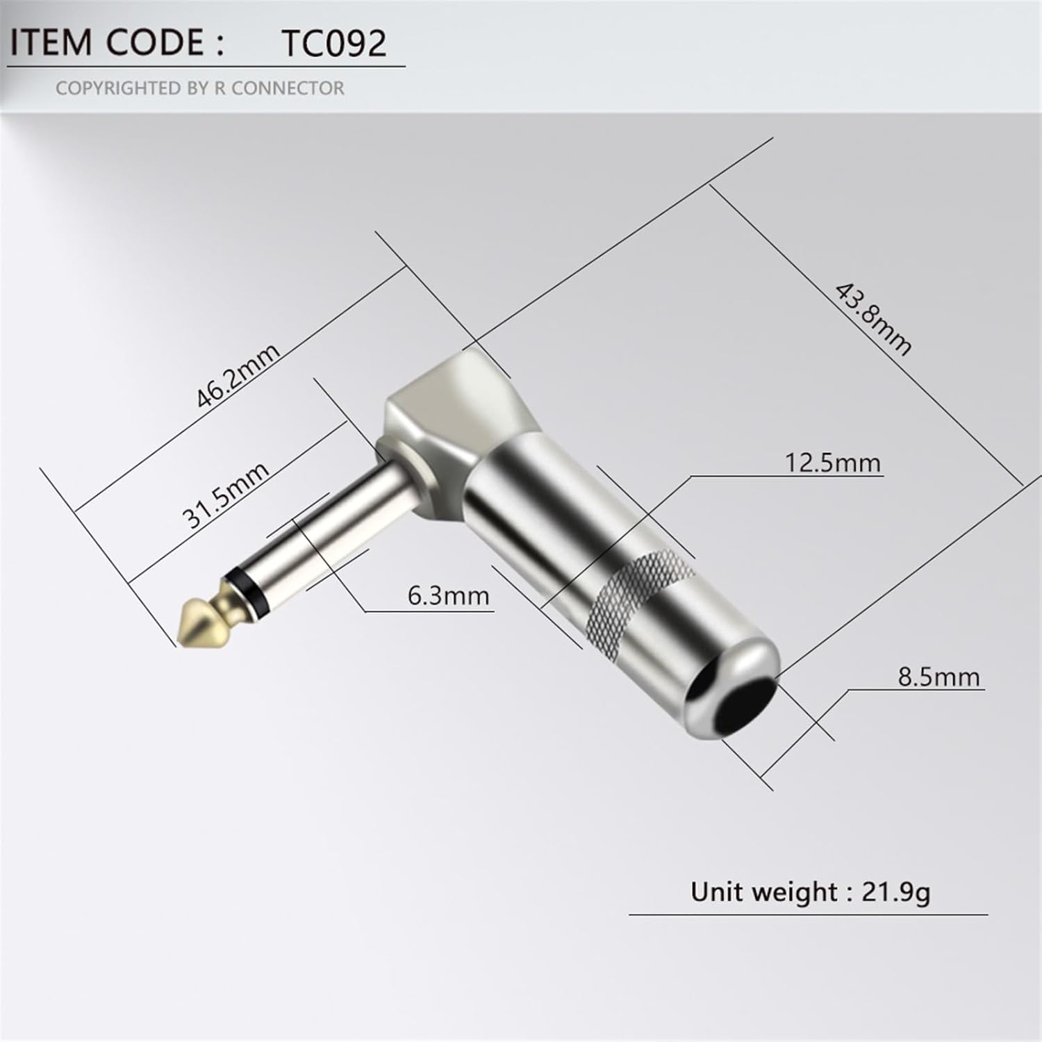 100PCS 6.35MM Jack Right Angle Wire Connector 4 Corners 2 Poles 6.35MM Mono Male Plug Microphone Connector Plug Adapter