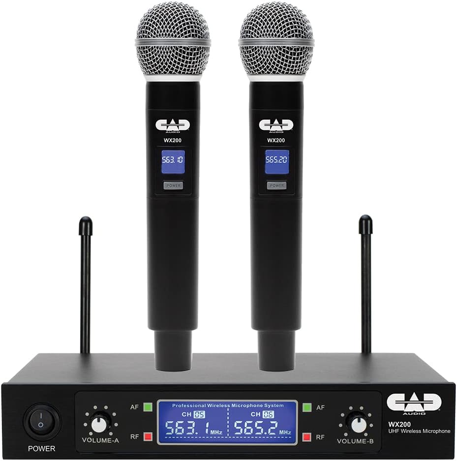 CAD Audio WX200 UHF Wireless Dual Handheld Mic System – 2 Channels, 164′ Range, Metal Receiver, XLR & ¼″ Outputs, 10 Hr Battery