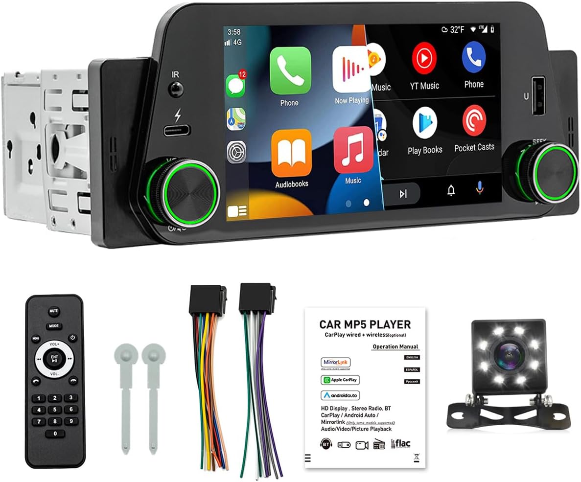 Single Din Car Stereo Compatible with Apple Carplay and Android Auto, 5 inch HD Touchscreen Car Radio Car Audio Receivers, Bluetooth, Backup Camera, Mirror Link, USB Playback/Type C Charging, FM Radio