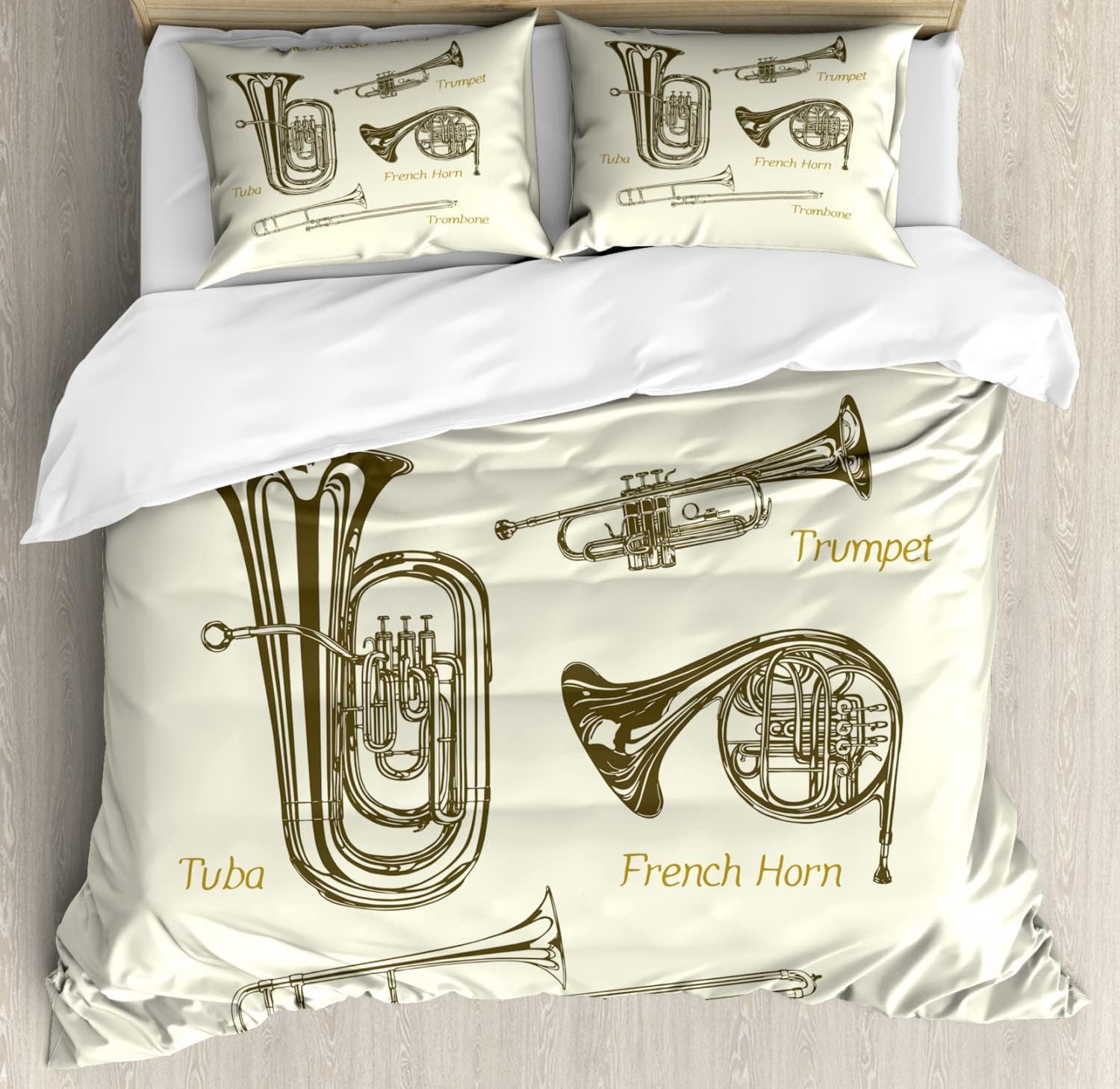 Lunarable Music Duvet Cover Set of 2, Brass Family Instruments Drawing of Tuba Trumpet Trombone and French Horn, Decorative 6 Pcs Bedding Set with 4 Pillow Shams, King Size, Green Khaki