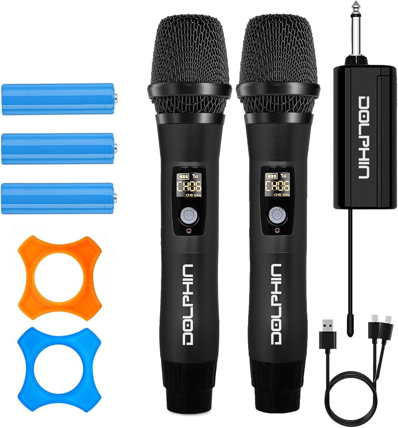 Dolphin MCX21 Wireless Microphone System with 2X Mics, UHF, USB-C Rechargeable, Noise Cancellation, DSP, Long Range, Anti-Interference for Karaoke, Weddings, Parties, and Events