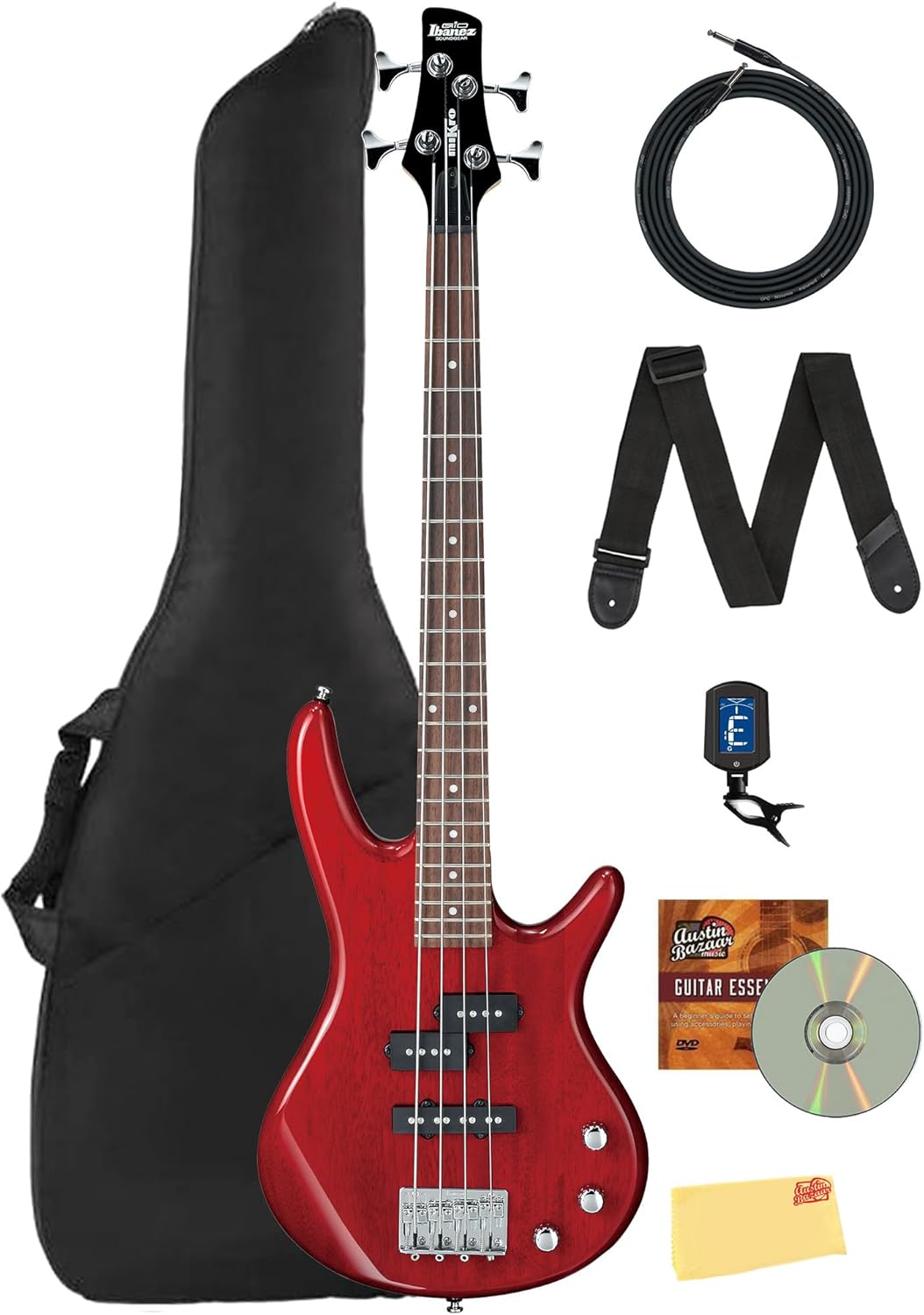 Ibanez GSRM20 SR GIO miKro Short-Scale Bass Guitar - Transparent Red Bundle with Gig Bag, Tuner, Strap, Instrument Cable, Austin Bazaar Instructional DVD, and Polishing Cloth