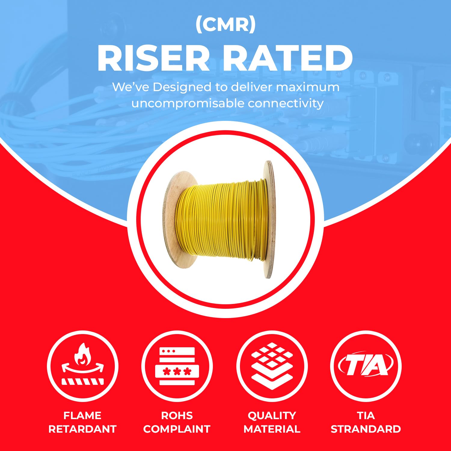 12 Strand Indoor Distribution Fiber Optic Cable, OS2 9/125 Singlemode, Corning, Yellow, Riser Rated, Spool, 1000 Feet