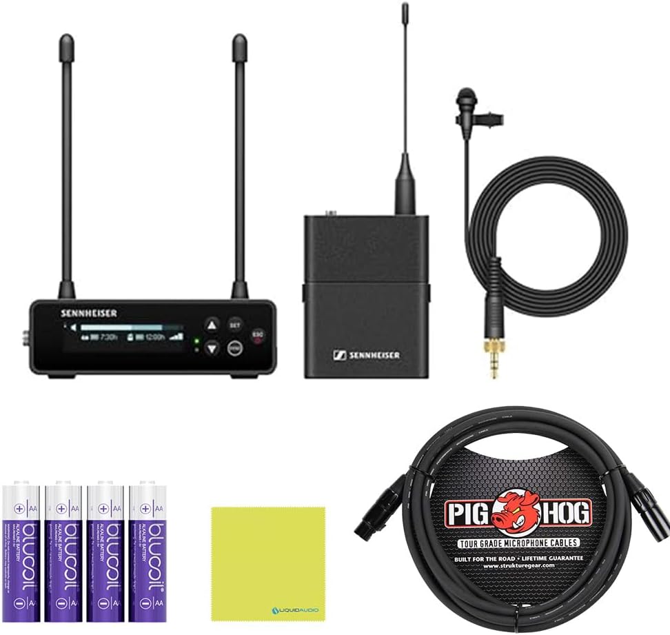 Liquid Audio Sennheiser EW-DP ME 2 Set (Q1-6) Camera-Mount Digital Wireless Microphone System Bundle w/Pig Hog PHM10 8mm Mic Cable, 4-Pack Blucoil AA Batteries Polishing Cloth