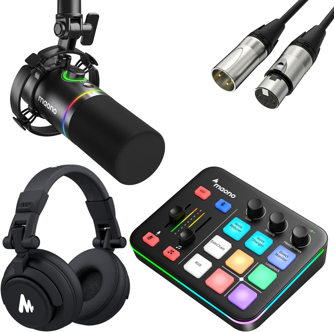 MAONO XLR/USB Dynamic Microphone and Gaming Mixer & Studio Headphone Kit, for Live Streaming, Podcasting, Content Create, Gaming