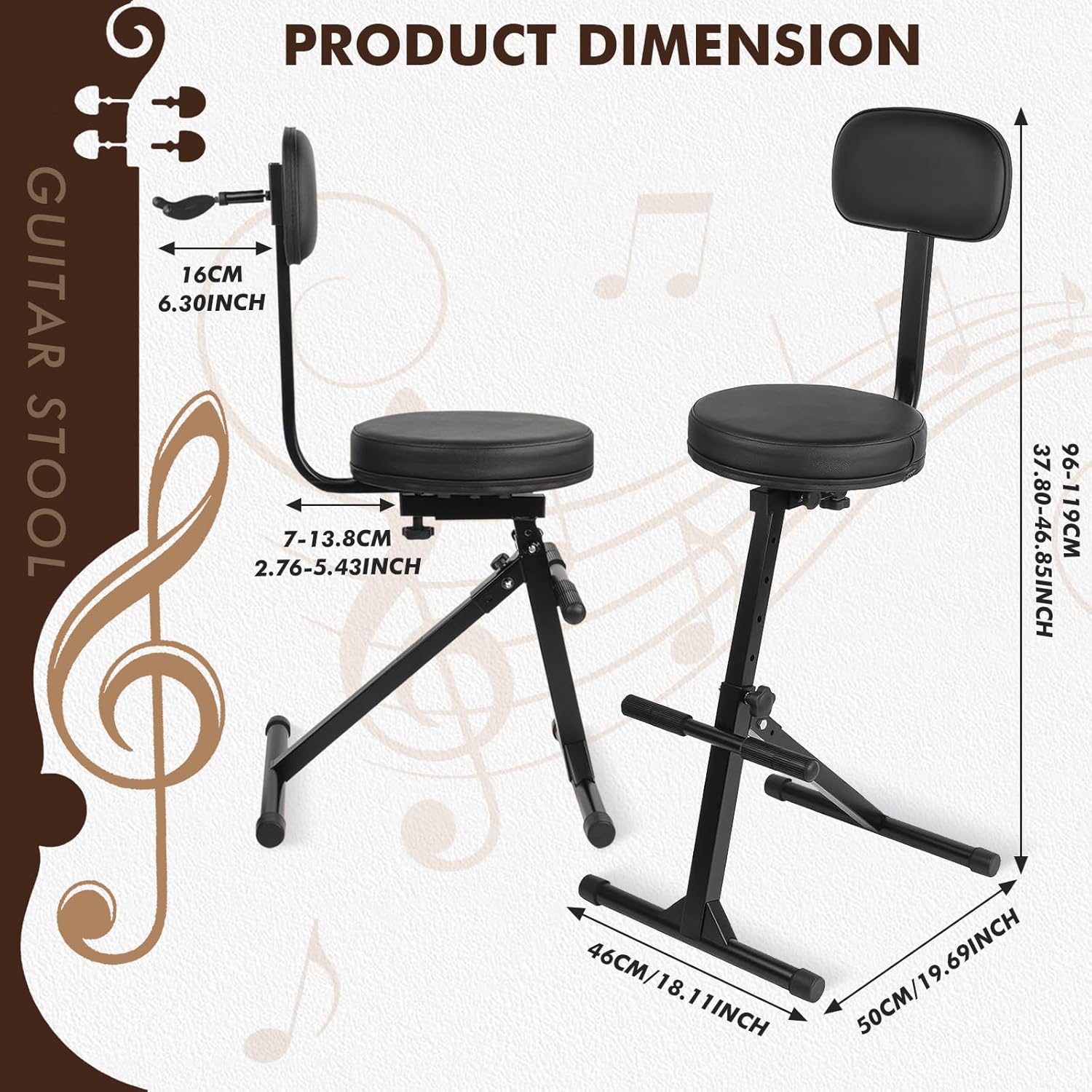 Guitar Stool with Back Support, Height Adjustable Professional Seat with Hanger, Musician Stool Guitarist Throne Guitar Chair, Black