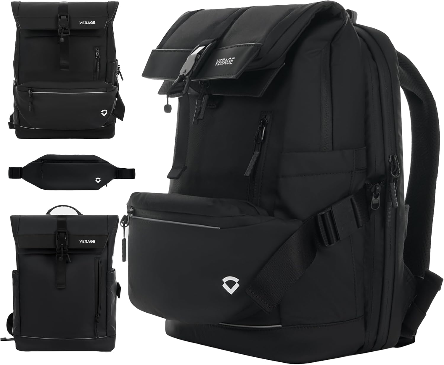 Verage Pulse 2-in-1 Roll Top Laptop Backpack 16″ with Detachable Everyday Sling Bag, Personal Item Size, Expandable Water-Resistant Travel Backpack for Airplane, Work & Daily Commute – Black