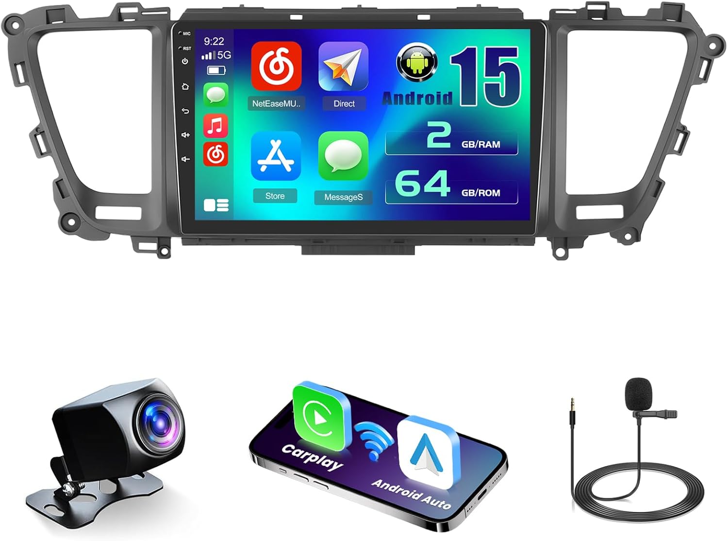 [2+64GB] Android 15 Car Radio for Kia Carnival Sedona 2015-2020 with Wireless Carplay/Android Auto, 9 Inch HD Touchscreen Car Stereo with GPS WiFi Bluetooth FM/RDS HiFi SWC Backup Camera MIC