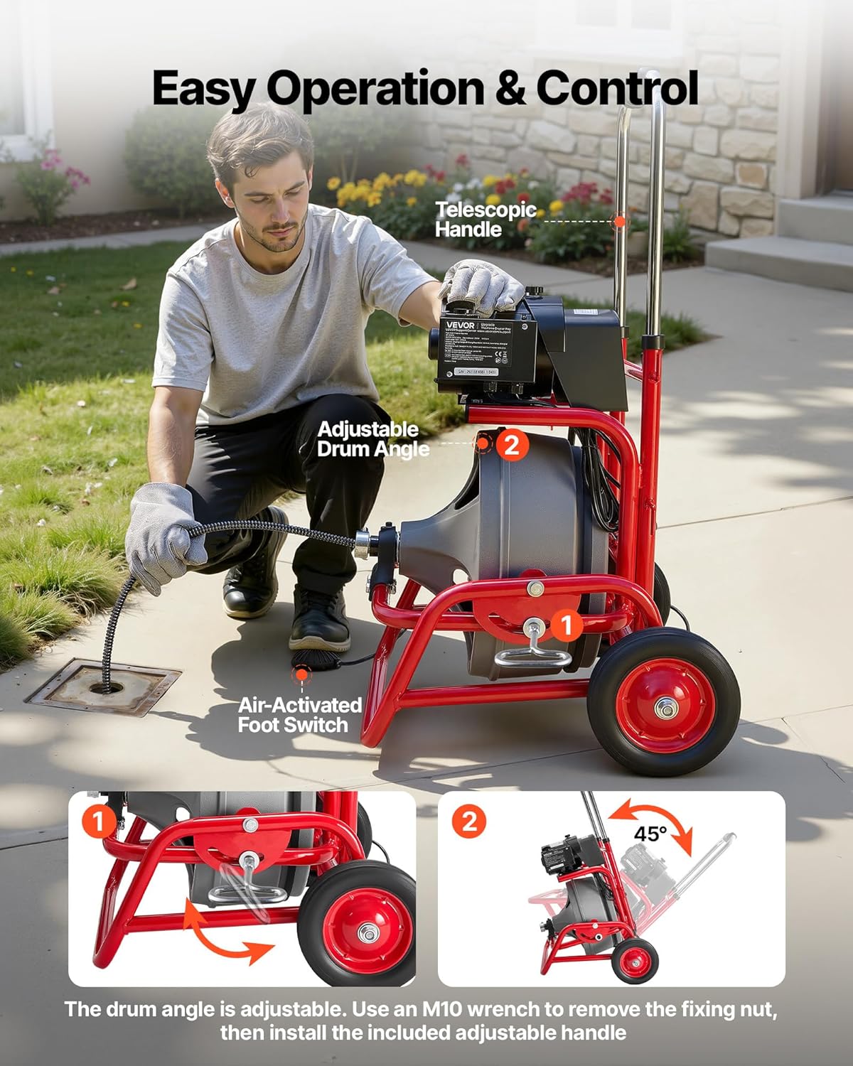 VEVOR Drain Cleaner Machine 75 FT x 3/8 Inch, Sewer Snake Auger on Wheels, Manual Feed Drain Cleaning Machine with Adjustable Drum Angle, 6 Cutters & Air-activated Foot Switch for 2