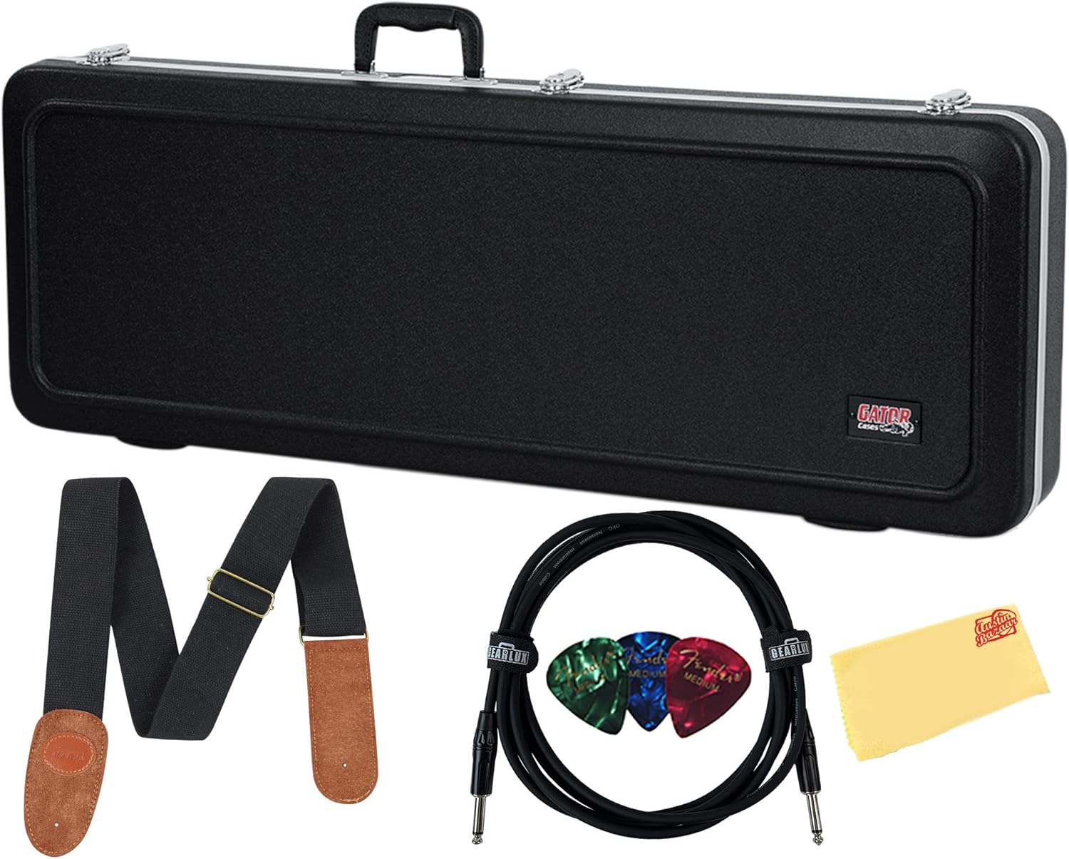 Gator GC-ELECTRIC-A Deluxe ABS Molded Case for Strat/Tele Style Electric Guitars - Black Bundle with Cable, Strap, Picks, and Austin Bazaar Polishing Cloth