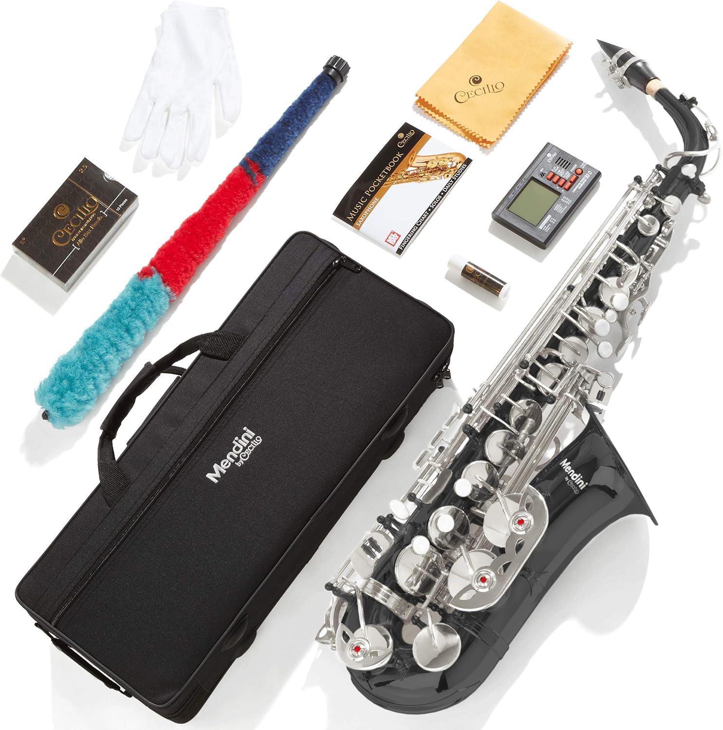 Mendini By Cecilio Alto Saxophone for Beginners with Tuner, Mouthpiece, Case, 10 Reeds, Grease, Cleaning Cloth & Rod, Gloves, Strap, Book (Black Silver)