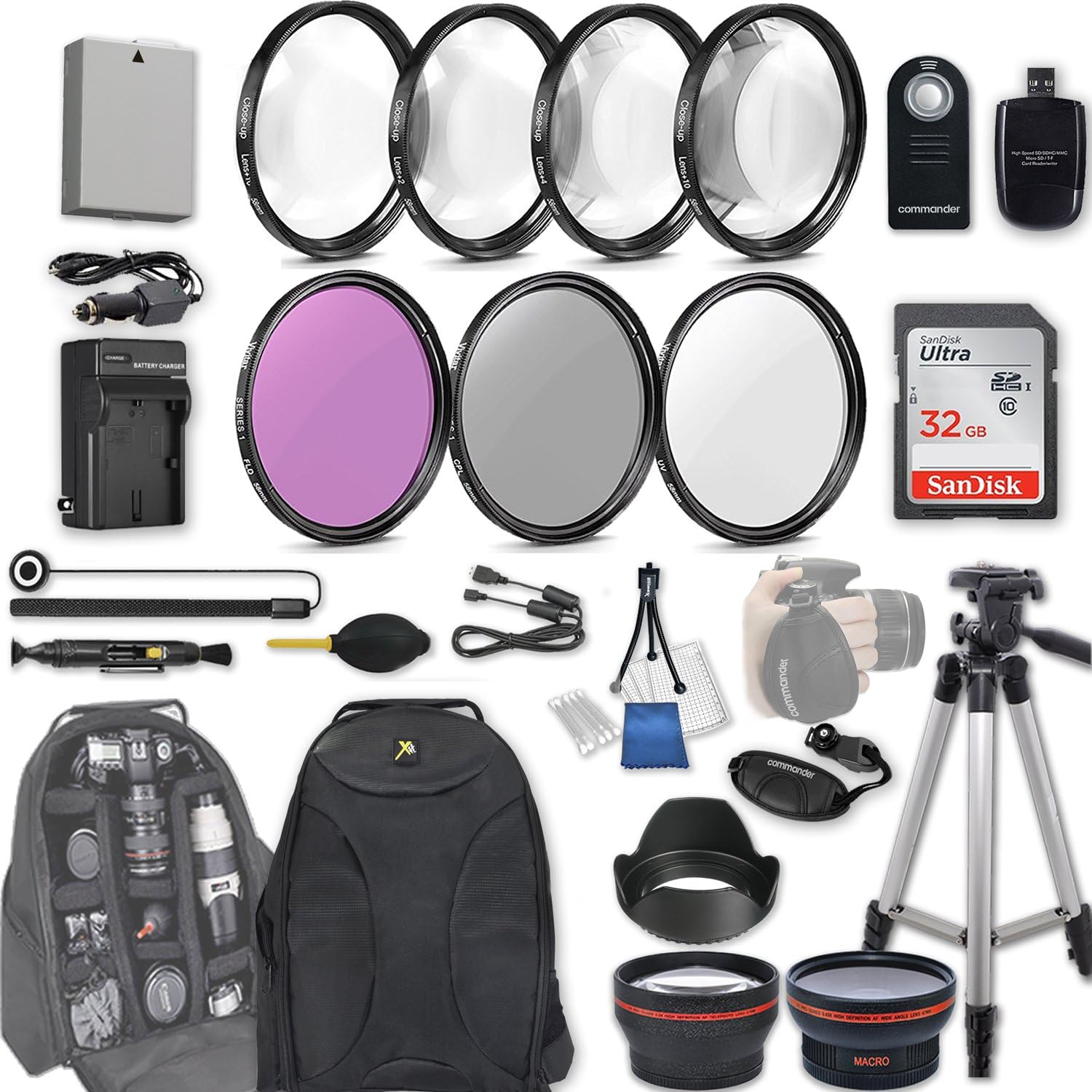 33rd Street 58mm 28 Pc Accessory Kit for Canon EOS Rebel T3i, T5i, 300D, 700D DSLRs with UV, FLD, CPL Filters, Macro Kit, 0.43x Wide Angle Lens, 2.2X Telephoto Lens, 32GB SD, Backpack Case, and More