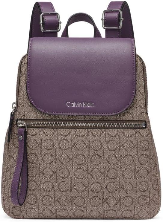 Calvin Klein Women's Elaine Signature Key Item Flap Backpack, Almond/Taupe/Winter Plum, One Size