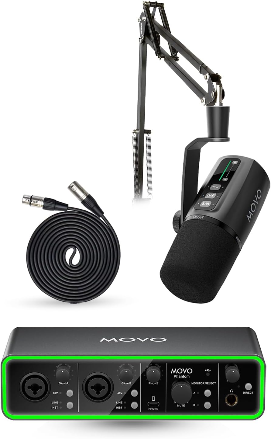 Movo Music Audio Interface Bundle - Phantom USB Audio Interface, UM6 XLR/USB-C Dynamic Microphone, and Boom Arm - Professional Studio Setup for Musicians, Singers, and Producer