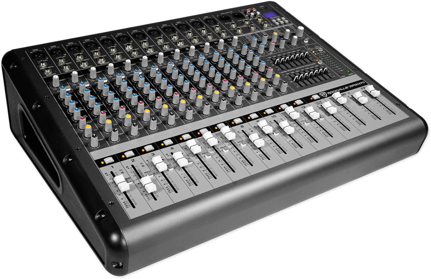 Rockville RPM1470 6000W Peak 14-Channel Powered Mixer, 750W RMS x 2 at 4 Ohm, USB/Bluetooth, 24-Bit Effects, 14 XDR2 Mic Preamps, for Live Events/Church Bands