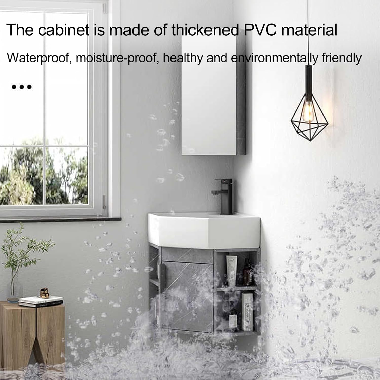 Small Wall Mount Corner Bathroom Vanity Sink Combo, Corner Vanity Cabinet with Ceramic Sink & Mirror Cabinet, Wall Mounted Utility Washing Hand Basin Design, for Small Space(40cm/15.7in) (One Co