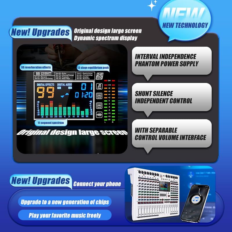 GF12 Multi-Function 12 Channel Audio Mixer with Multi-Effect Processing Built-in Large LCD Color Screen Built-in 7-Stage Equalizer and 99 Reverb DJ Mixer for Performance and Studio (GF12)