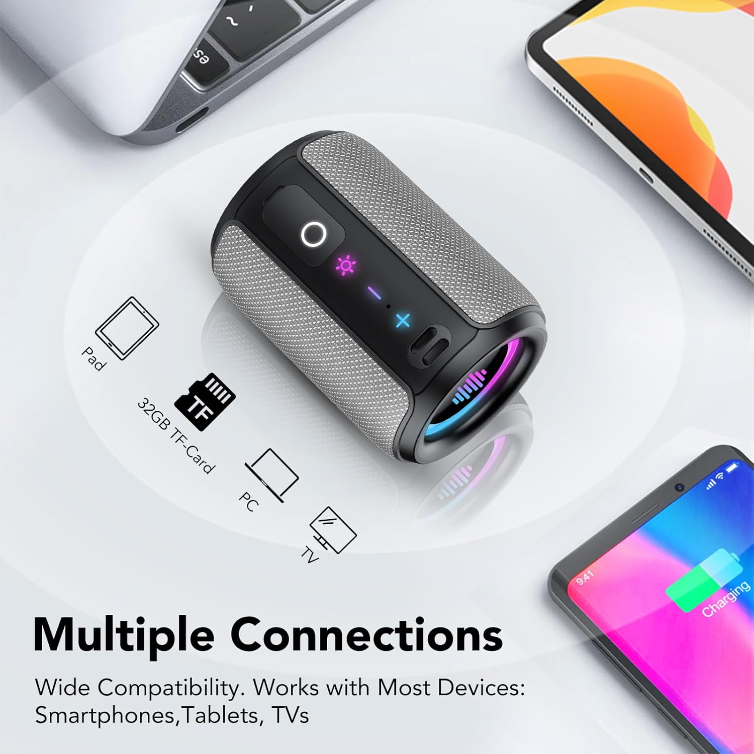 Portable Bluetooth Speaker with Lights, Bluetooth 5.4 Speaker, Powerful Crystal Clear Sound,All Day Playtime,15W Loud Stereo Sound, IPX7 Waterproof,TWS pairing for Outdoor/Home/Party/Travel,Gray