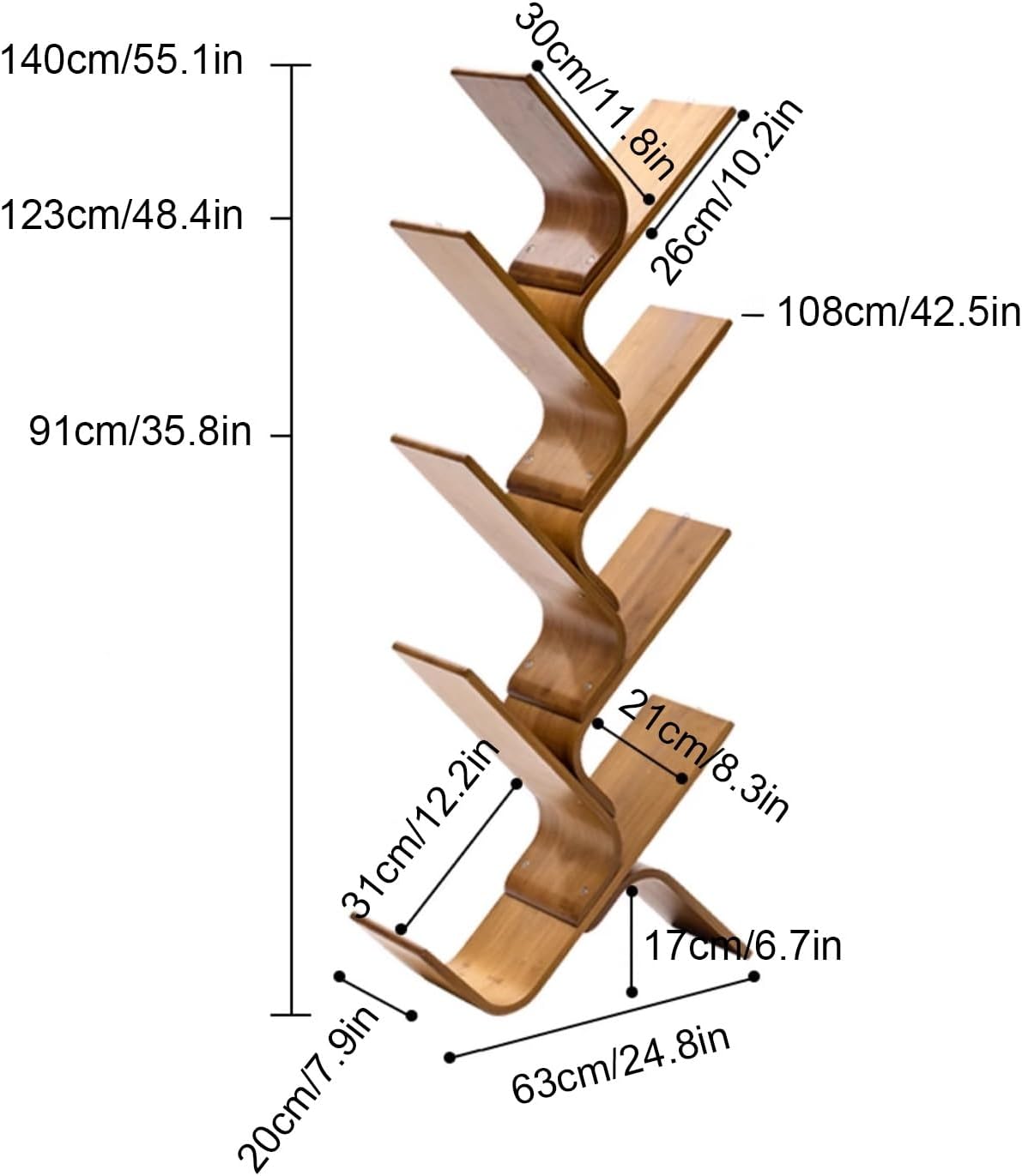 Bamboo Tree Bookshelf, Creative Curved Standing Bookcase Rack, Book Storage Organizer Shelves, Display Floor Book Shelf, Space Saver for Home Office Living Room Bedroom(140cm/55.1in)