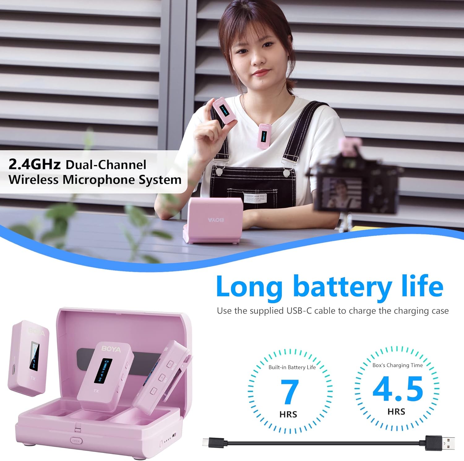 BOYA BY-XM6-K2P Dual Wireless Lavalier Microphone System with 2 Transmitters for DSLR Camera Camcorder Smartphones in Vlog YouTube Video Facebook Live (Pink)