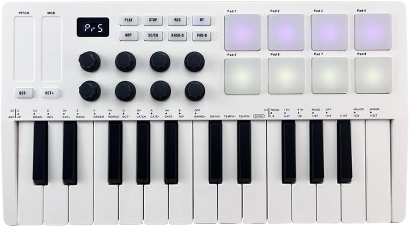 25 Key MIDI Keyboard, Bluetooth MIDI Keyboard Controller with 8 RGB Backlit Drum Pads & 8 Knobs & 2 Touch Strips, Portable Beat Maker and Keytar for Music Production