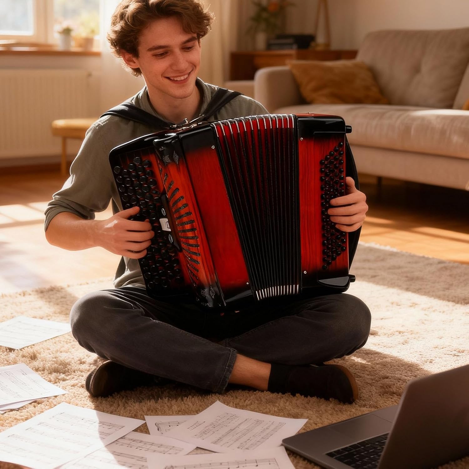 Eujgoov Chromatic 69 Key 96 Bass Accordion F B E Tuning Orange Bundle with Gig Bag Adjustable Straps for Beginners Pros