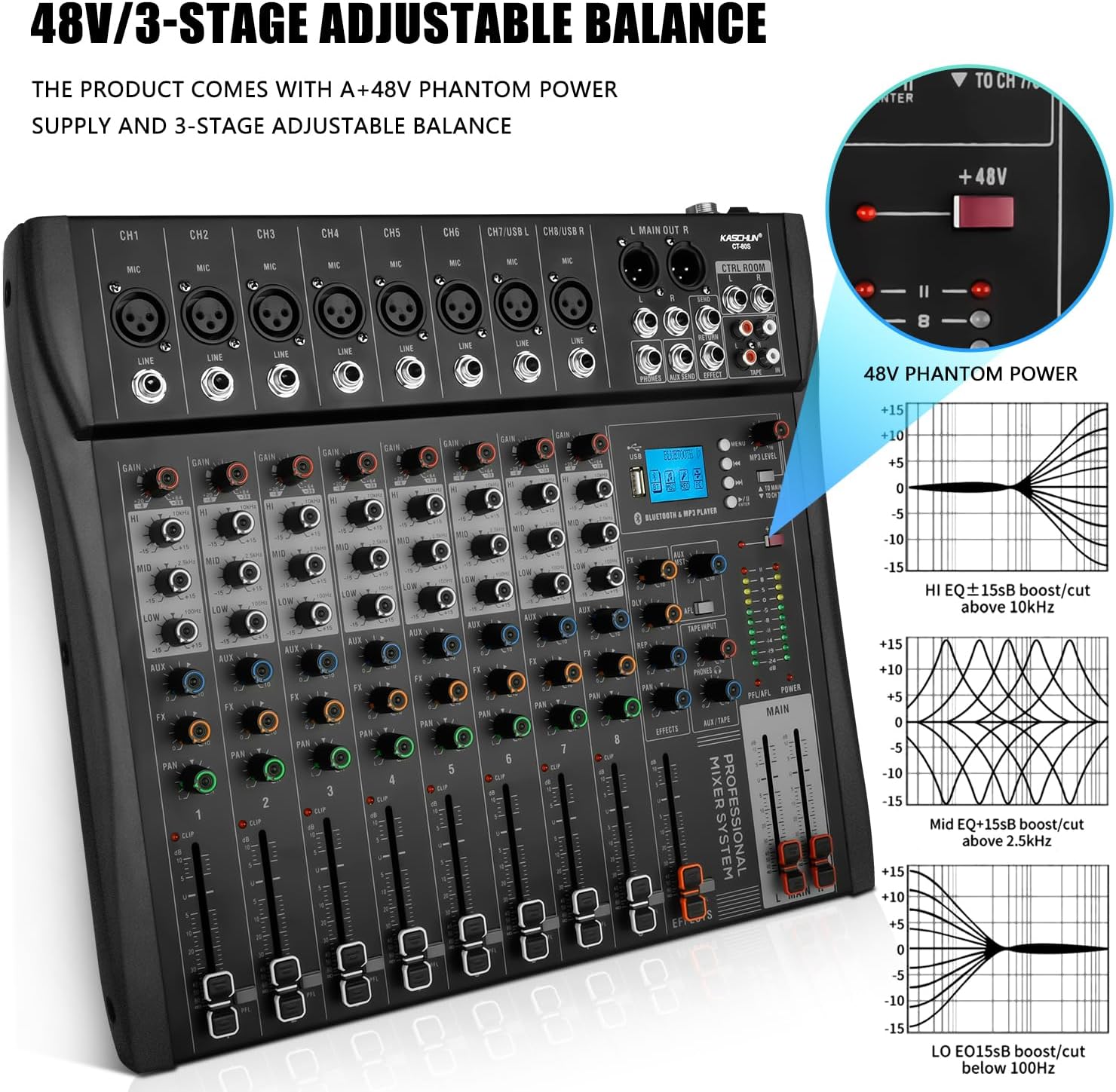 Professional Audio Mixer, 6 Channel Mixer Sound Board Mixer DJ Mixing，Equipped With 48v Phantom Power USB Recording Bluetooth MP3 Player, Studio Audio Mixer Suitable for DJ Studio Streaming Recording