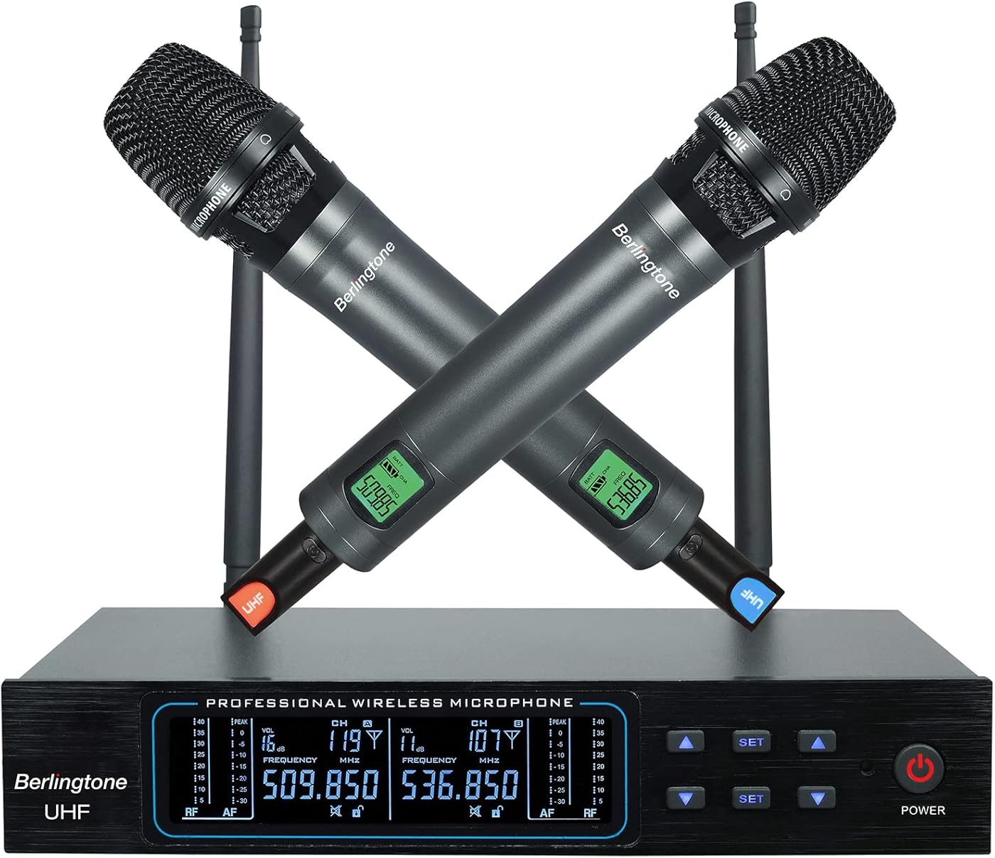 Berlingtone Wireless Microphone System, 2 Handheld Dynamic Microphones,120- Adjustable Frequency Channel, Metal case and mic for Karaoke, Meeting, Party, Church, DJ, Wedding, up 260ft Range (BR-56UM)
