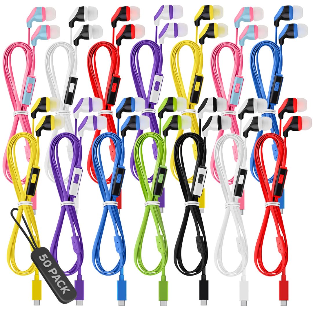 50 Pack Bulk USB C Headphones with Mic, Type C Wired Earbuds Noise Cancelling Earphones Compatible with iPhone 16/15 Pro Max Plus, iPad Pro, Galaxy S23/S22/S21/Ultra, Pixel 8/7/6, Kindle Fire Max 11