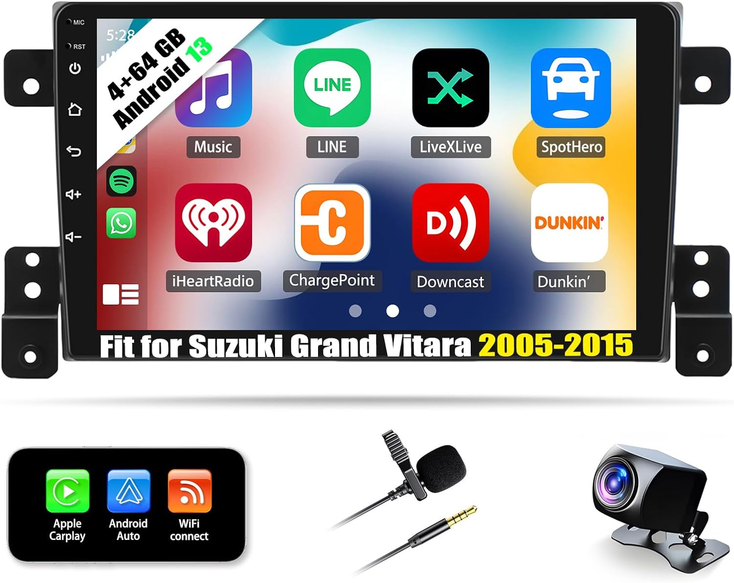 4+64G Android 13 Car Stereo Compatible with Suzuki Grand Vitara 2005-2015 Radio Upgrade 9 Inch Touch Screen with Wireless Carplay Android Auto AHD Backup Camera Mirror Link GPS SWC WiFi FM