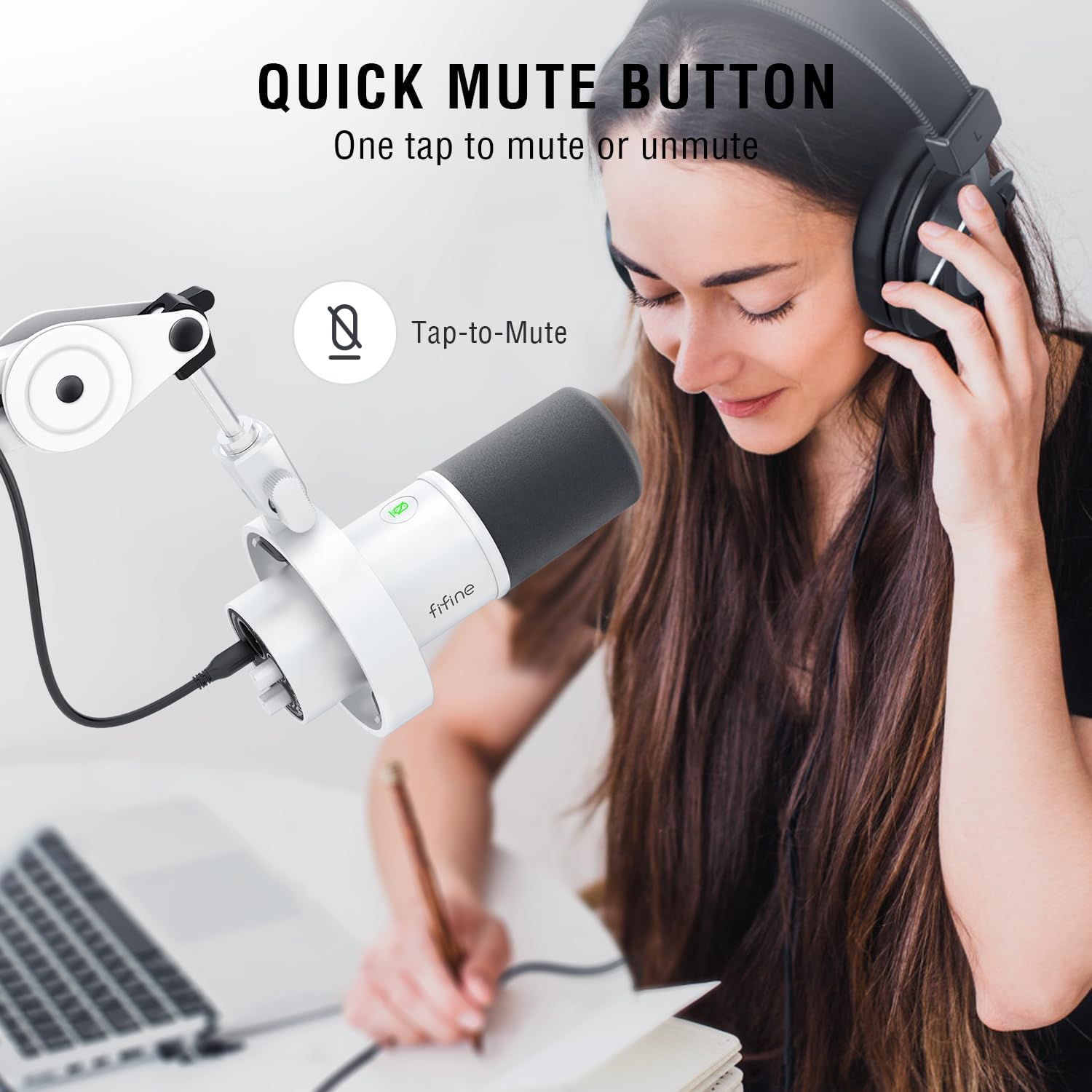 FIFINE XLR Mic Set with Boom Arm Stand, USB PC Podcast Microphone with Tap-to-Mute, Gain Knob, Headphones Jack for Streaming Recording, Metal Heavy Duty Mic Stand (K688W+BM63W)