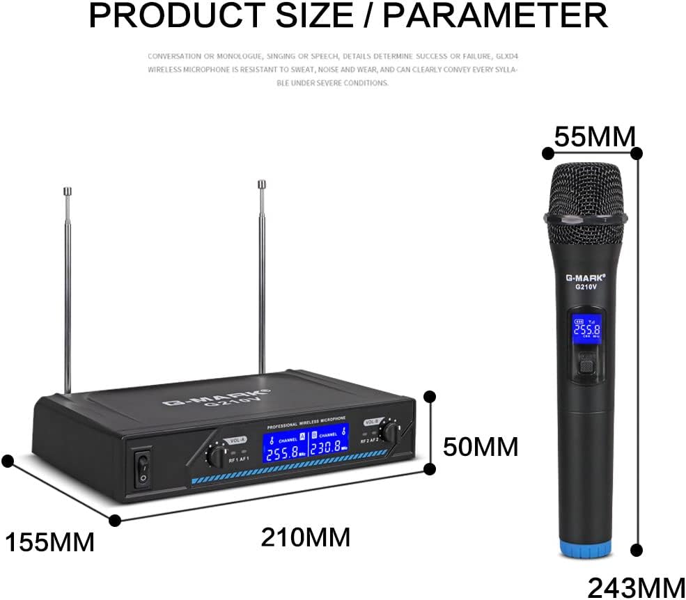 G-MARK G210V Wireless Microphone, Metal Dual Professional VHF Cordless Dynamic Mic Handheld Microphone System for Home Karaoke, Meeting, Party, Church, DJ, Wedding, Home KTV Set, 200ft