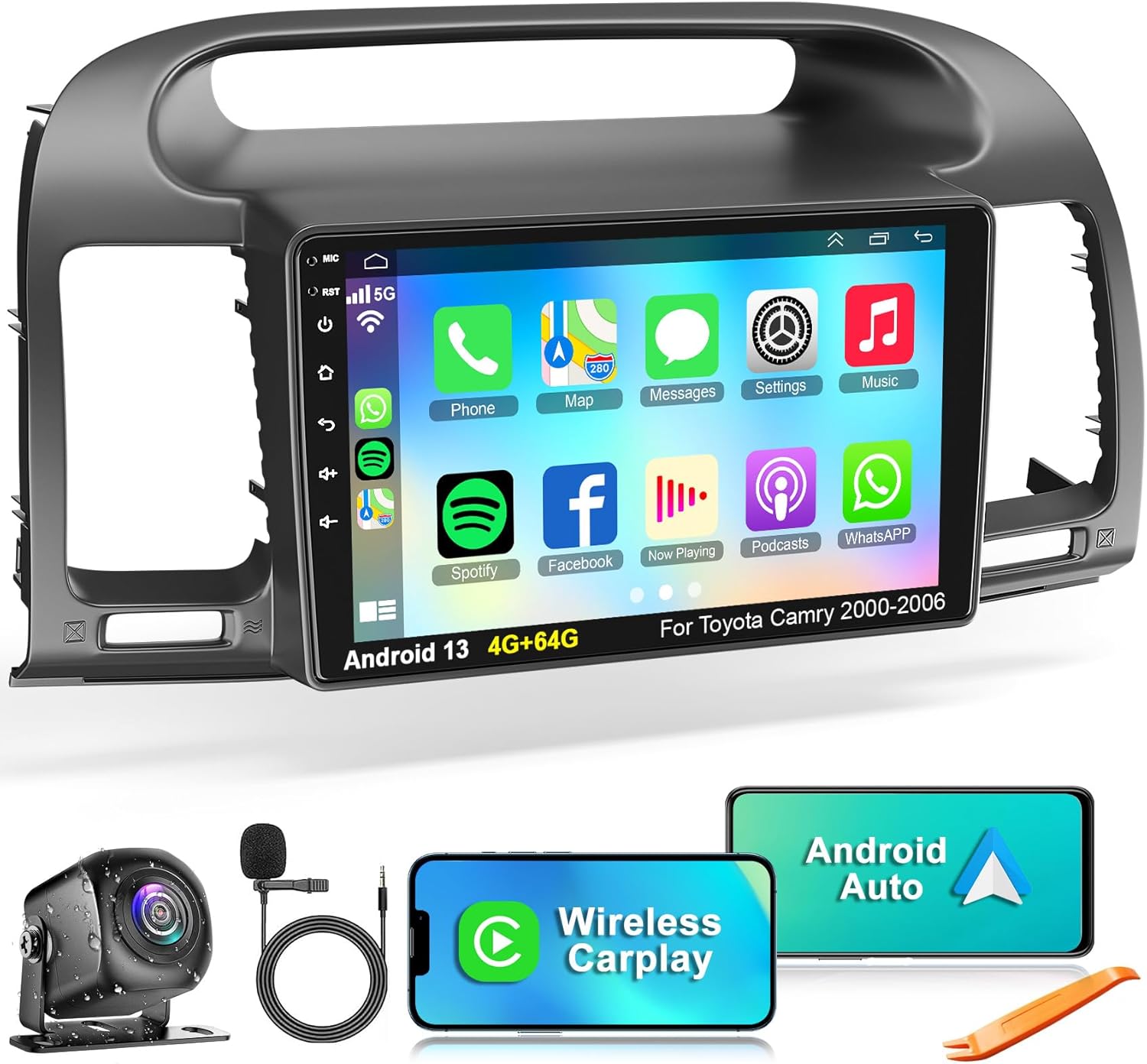 4G+64GB Car Radio for Toyota Camry 2000-2006 with Wireless Carplay & Android Auto, Android 13 Camry Stereo with Voice Control Bluetooth WiFi GPS SWC EQ FM RDS Mirror Link Backup Camera Mic