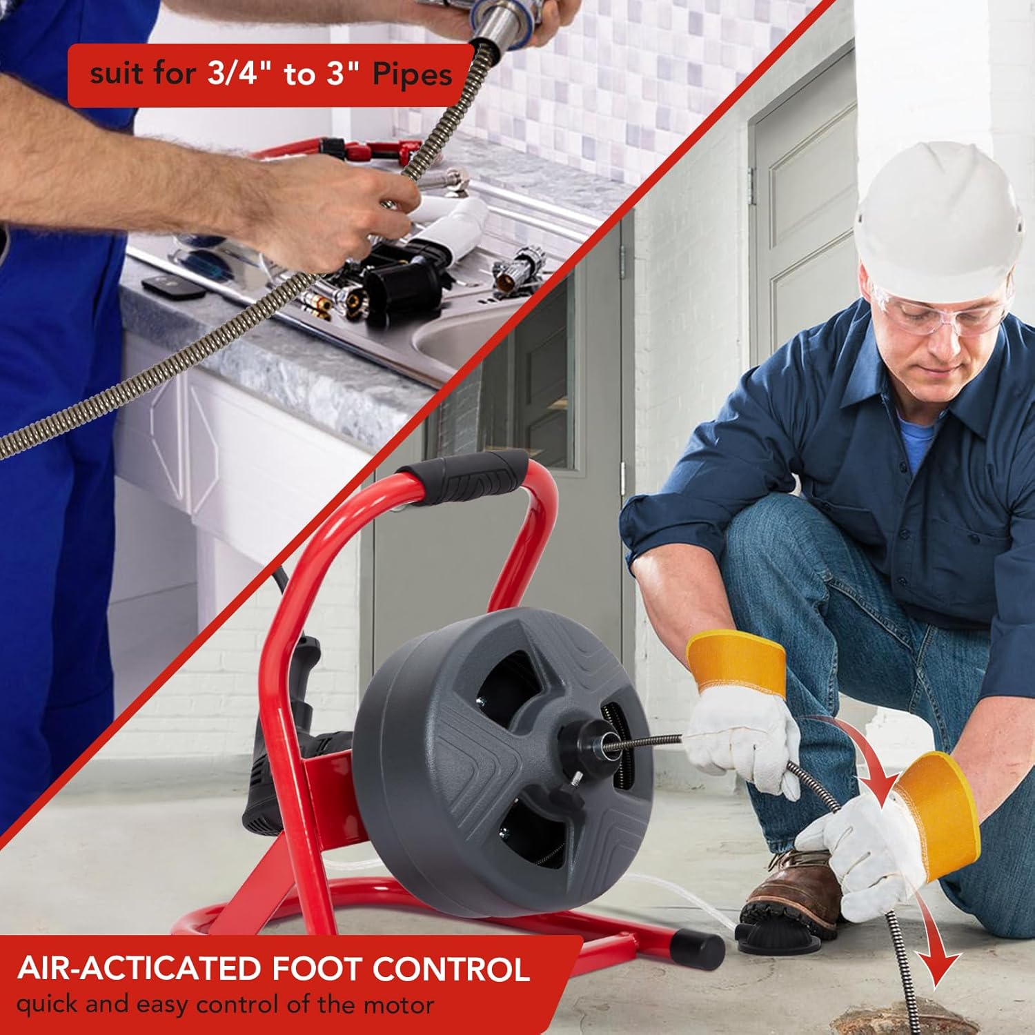 PIONEERWORKS 50Ft x 5/16 Inch Drain Cleaner Machine, Professional Electric Drain Auger for 3/4-3 Inch Pipes, Foot Switch with 6 Cutters, Gloves, Drain Auger Cleaner Sewer Snake - DA04