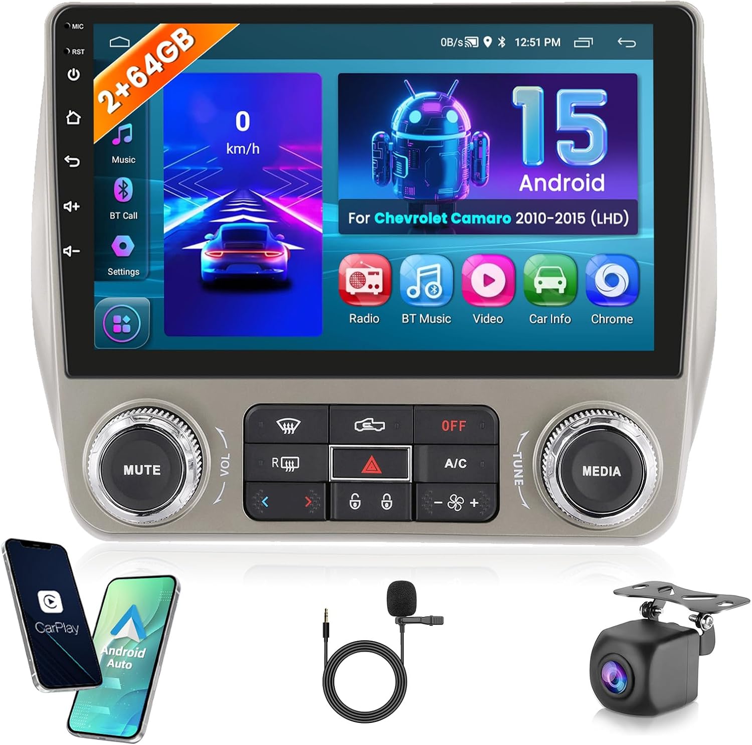 2+64G Hikity Android Car Stereo for Chevrolet Chevy Camaro 2010-2015 (LHD), 9 Inch Touchscreen Radio with Carplay Android Auto WiFi Bluetooth FM EQ Backup Camera