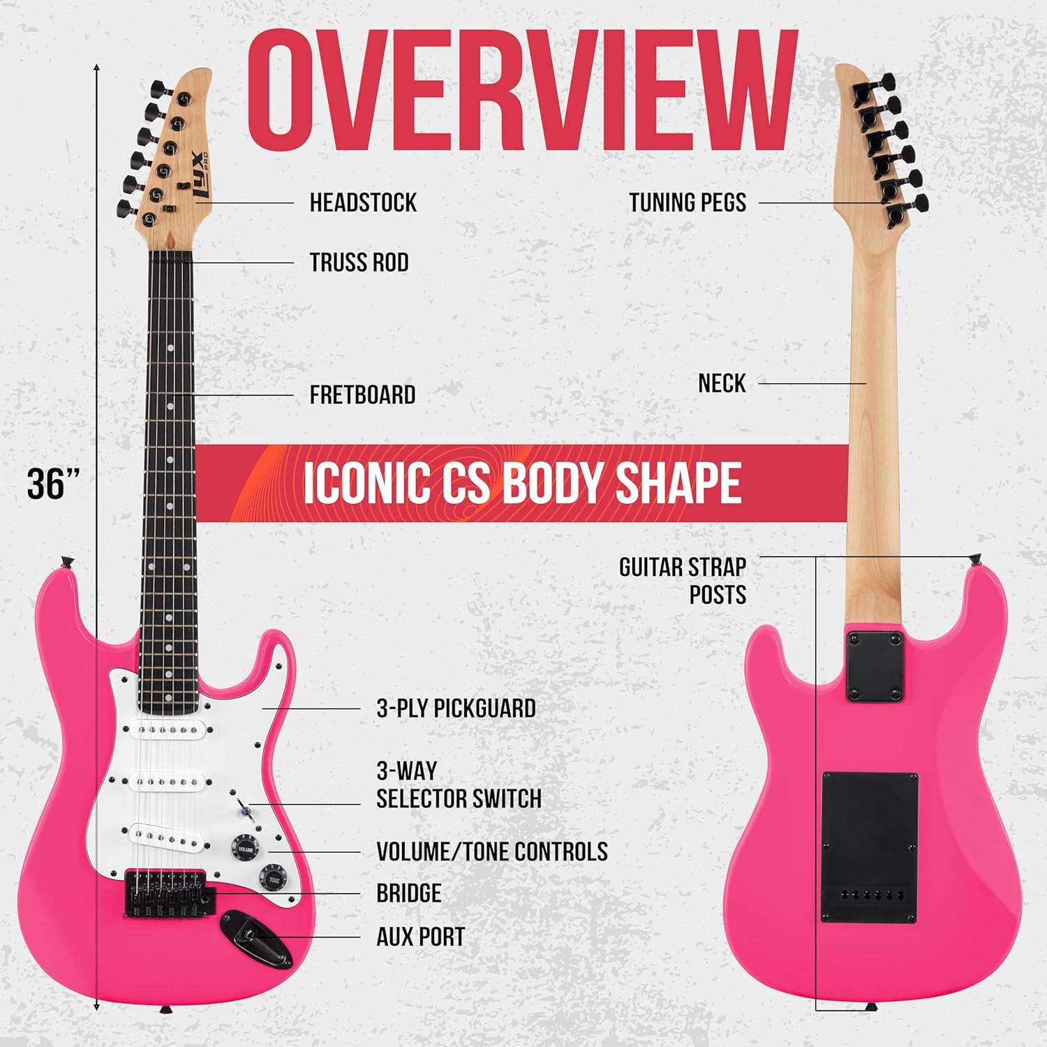 LyxPro CS 30” Electric Guitar Kit for Beginner, Intermediate & Pro Players with Guitar, Amp Cable, 6 Picks & Learner’s Guide | Solid Wood Body, Volume/Tone Controls, 5-Way Pickup - Pink