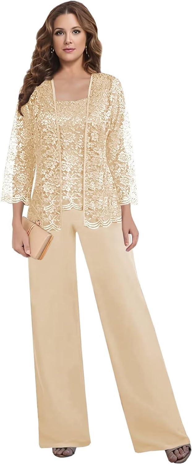 3 Pieces Mother of The Bride Pant Suits for Wedding - Sequin Lace Mother of The Groom Pantsuits for Women